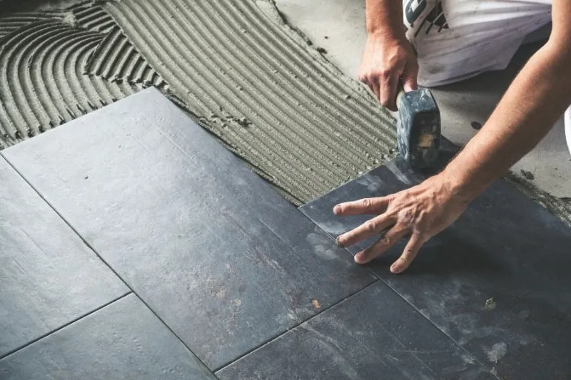 Ceramic tiling installation in outdoor area